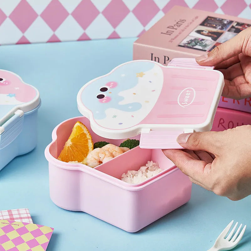 Pink and blue creative ice cream shaped plastic lunch box with bento compartments, spoon, and fork.