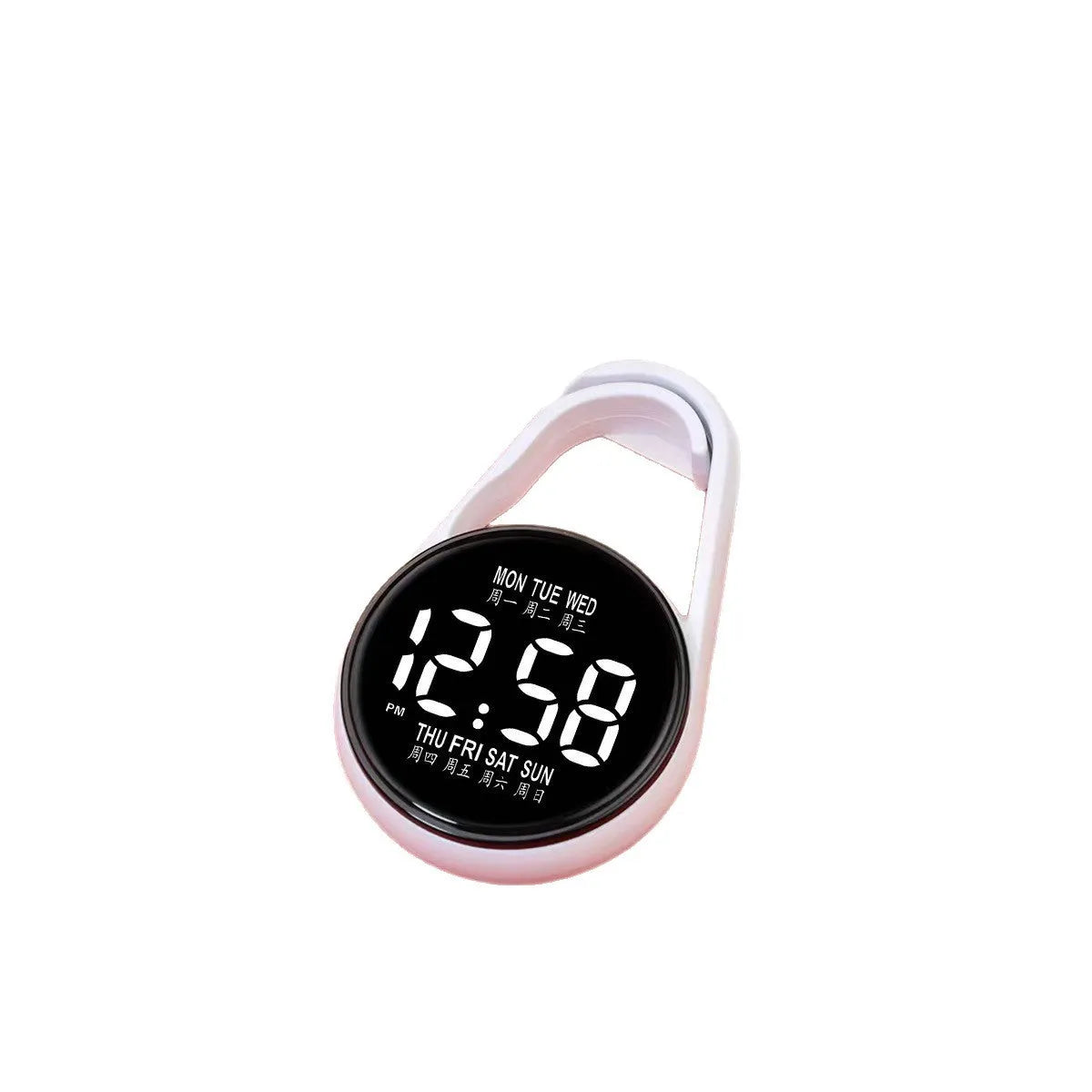 Mini digital electronic watch with luminous week display on a plastic strap, shown in multiple colour options.