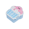 Pink and blue creative ice cream shaped plastic lunch box with bento compartments, spoon, and fork.