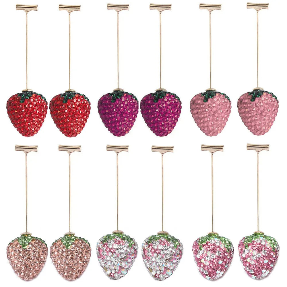 Geometric zinc alloy stud earrings with a strawberry design in red spot drill finish.