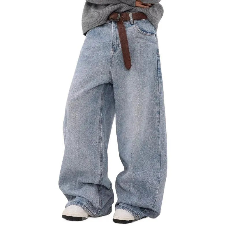 Retro washed distressed straight jeans for men in blue, mid waist cotton denim trousers with zipper fly