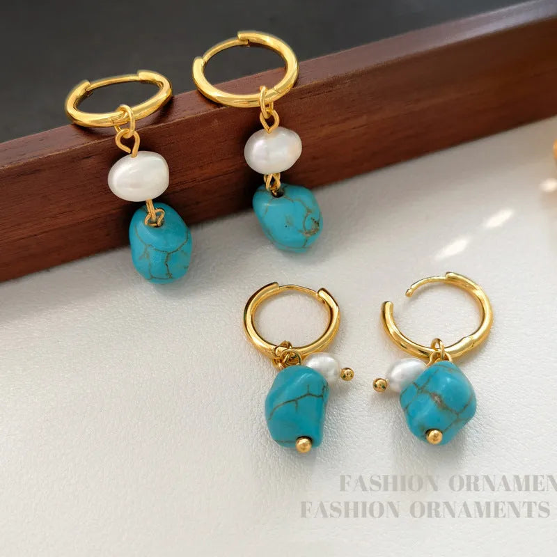 Geometric copper earring set with turquoise stones and cultured pearls, showing both clip and dangle styles