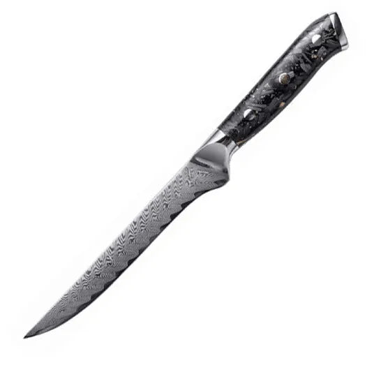 Damascus pattern chef knife set with 8 different blades including kitchen, Japanese, boning, utility, steak and fruit knives