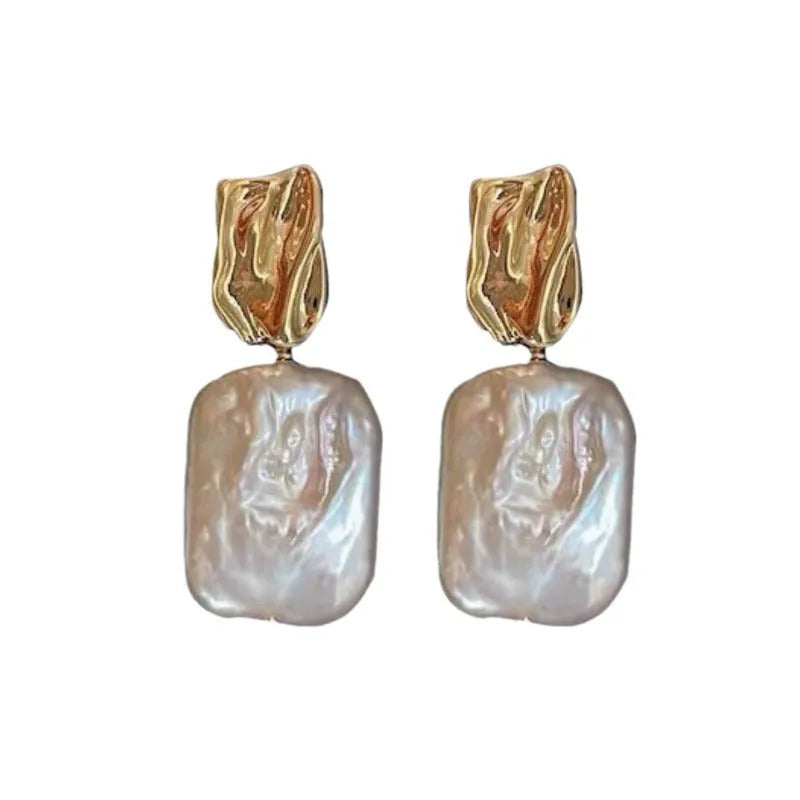 Natural freshwater pearl square stud earrings retro geometric design alloy setting purple white pink yellow women earrings