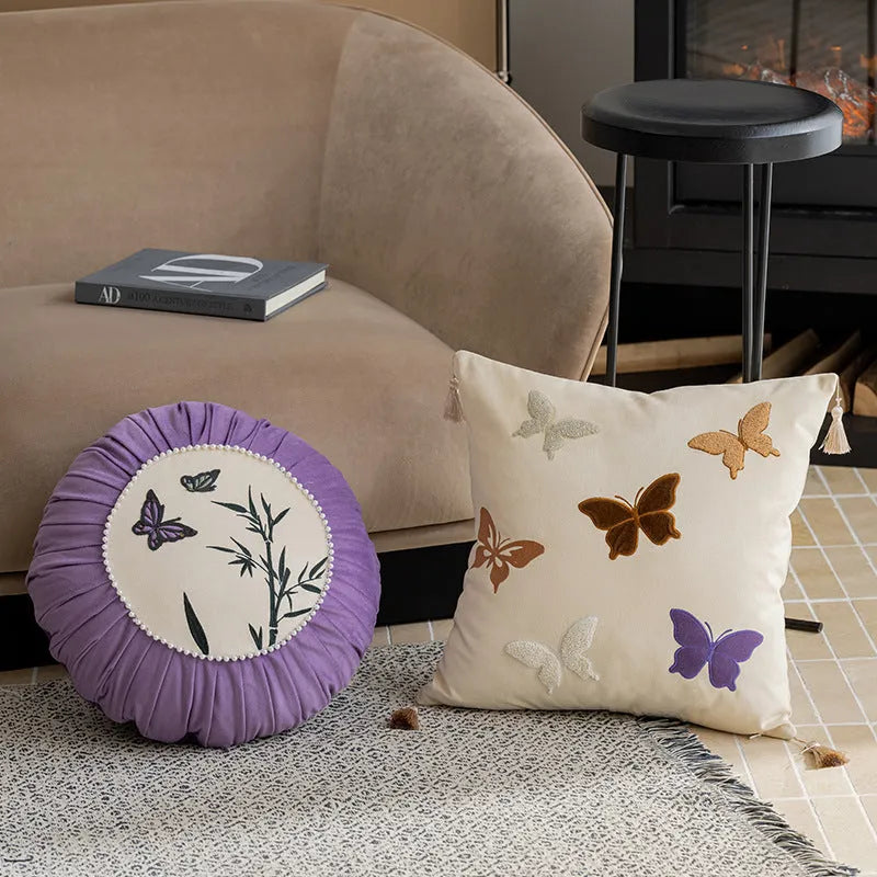 Chinese style butterfly embroidery decorative cushion 45x45cm in beige, black, or purple
