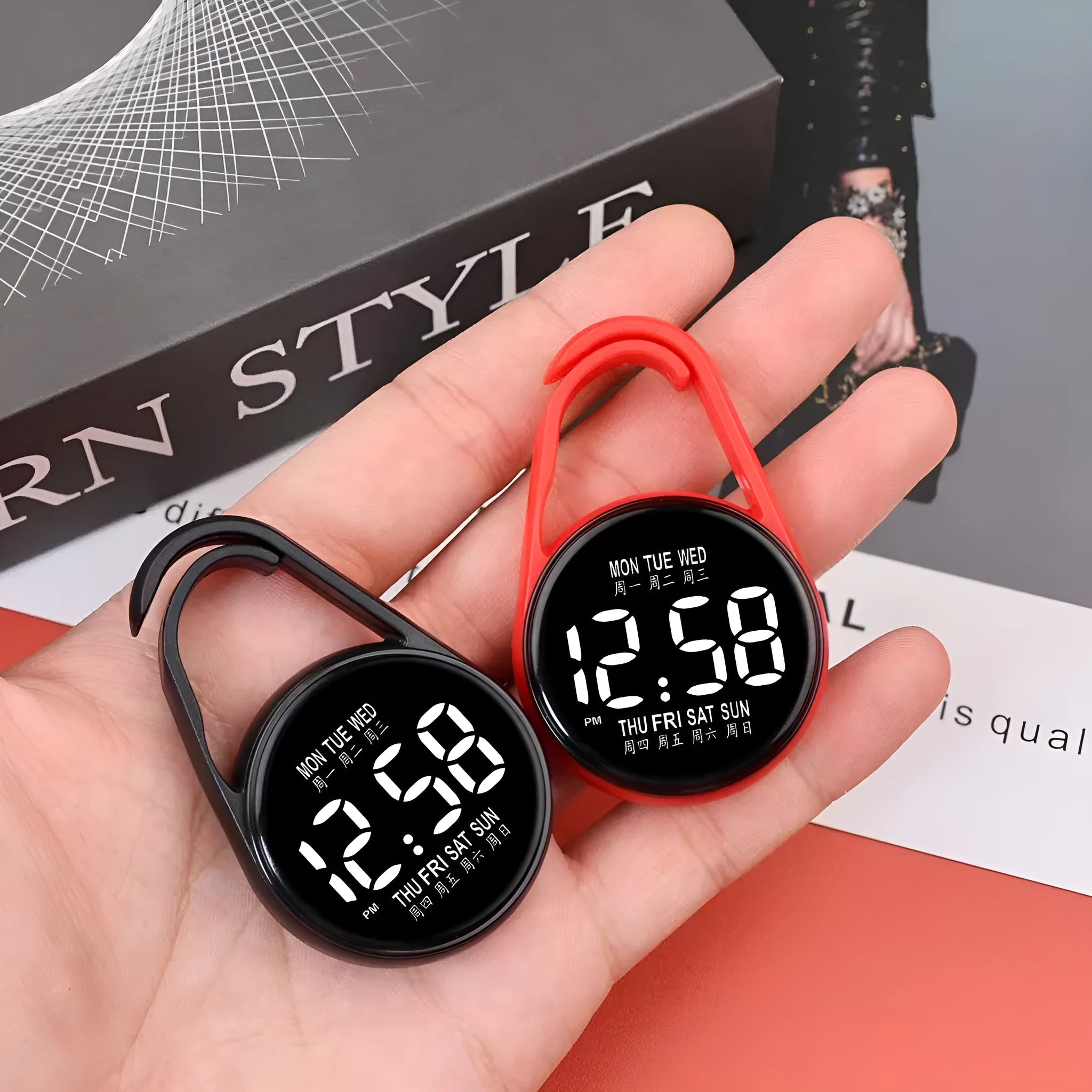 Mini digital electronic watch with luminous week display on a plastic strap, shown in multiple colour options.