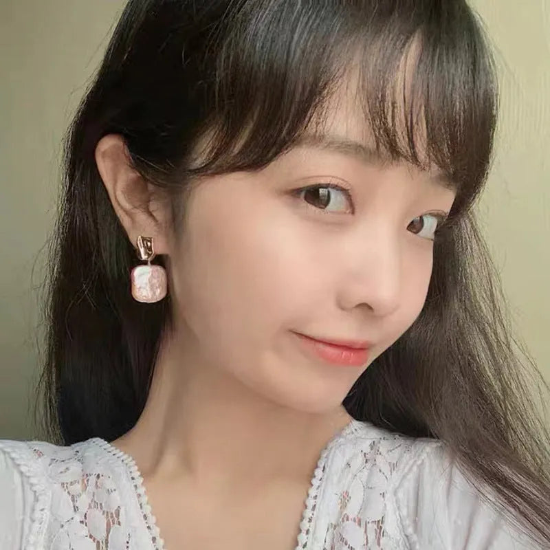 Natural freshwater pearl square stud earrings retro geometric design alloy setting purple white pink yellow women earrings