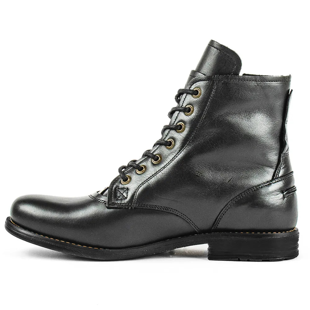 Knight Series men's black and brown leather boots with side zipper and low heel