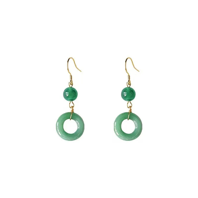 Green zinc alloy earrings with Chinese peace buckle design and geometric pattern