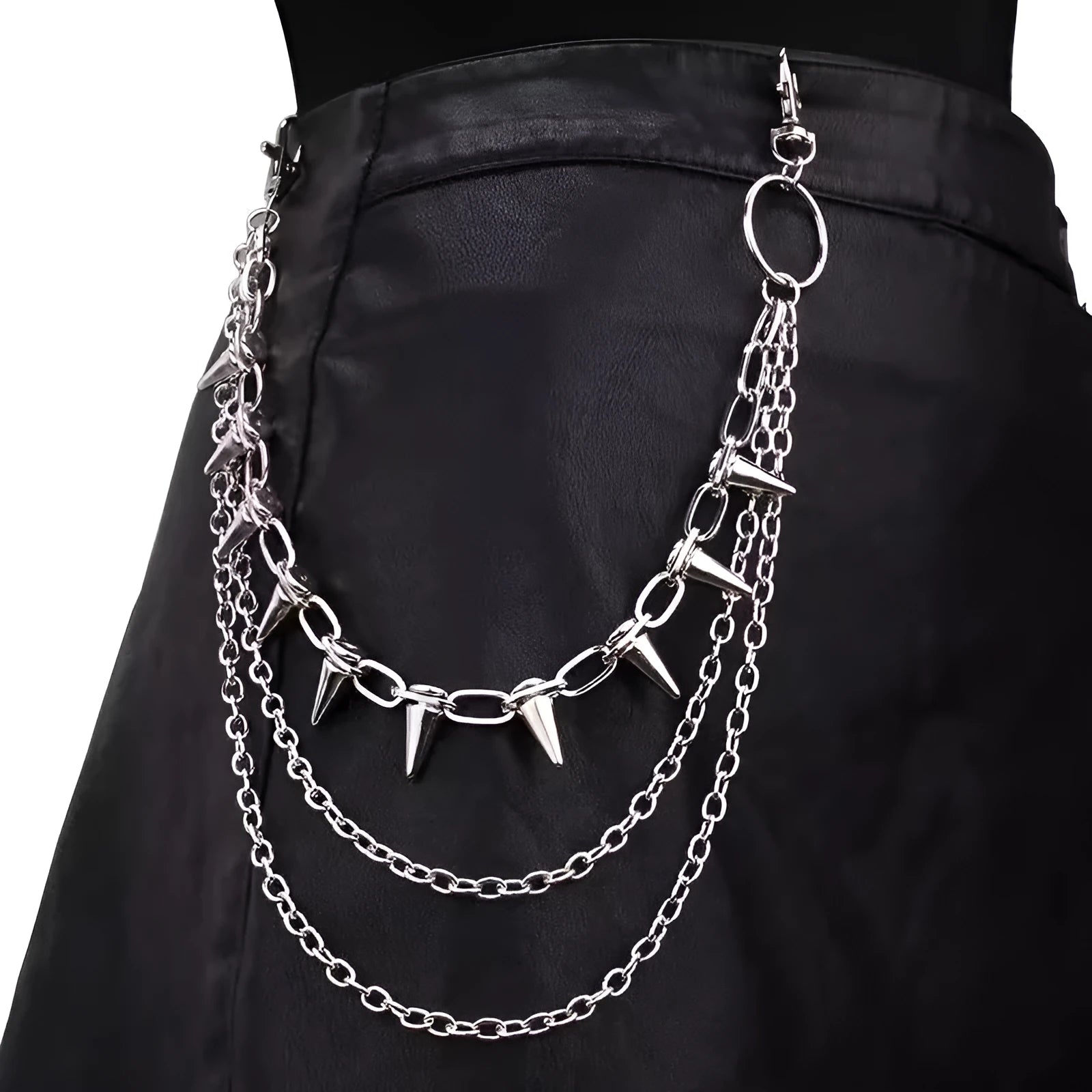 Silver metal pants chain with double-layer chain links and rivet decorations, 115cm length
