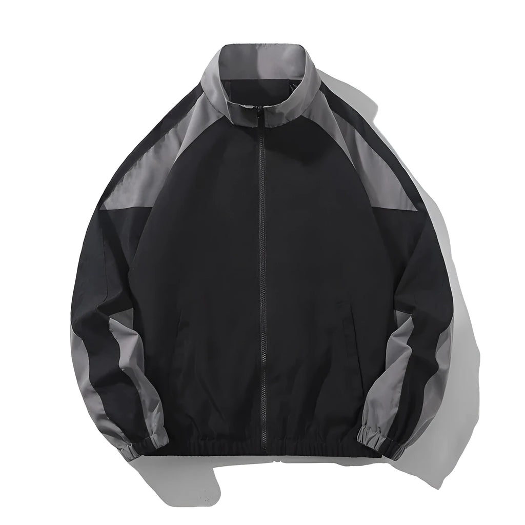 Men's black casual jacket with contrast stitching details and side seam pockets