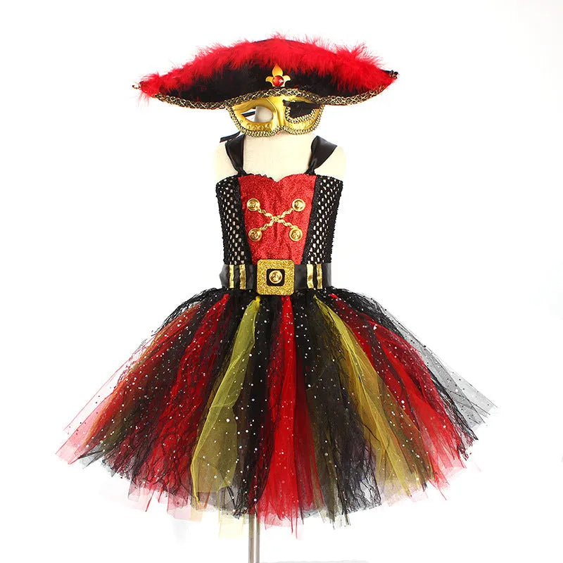Girls pirate costume dress with sequin details and lace trim for Halloween