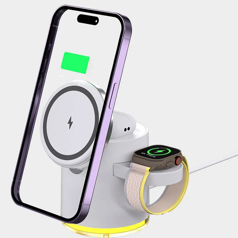 C16 magnetic three-in-one wireless folding charger in black or ivory white colour charging phone, watch and earphones