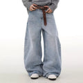 Retro washed distressed straight jeans for men in blue, mid waist cotton denim trousers with zipper fly