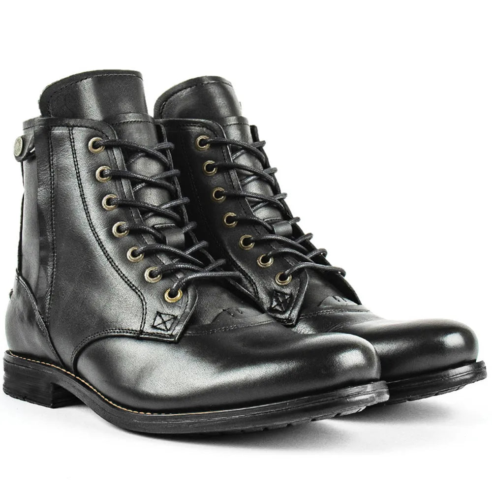 Knight Series men's black and brown leather boots with side zipper and low heel