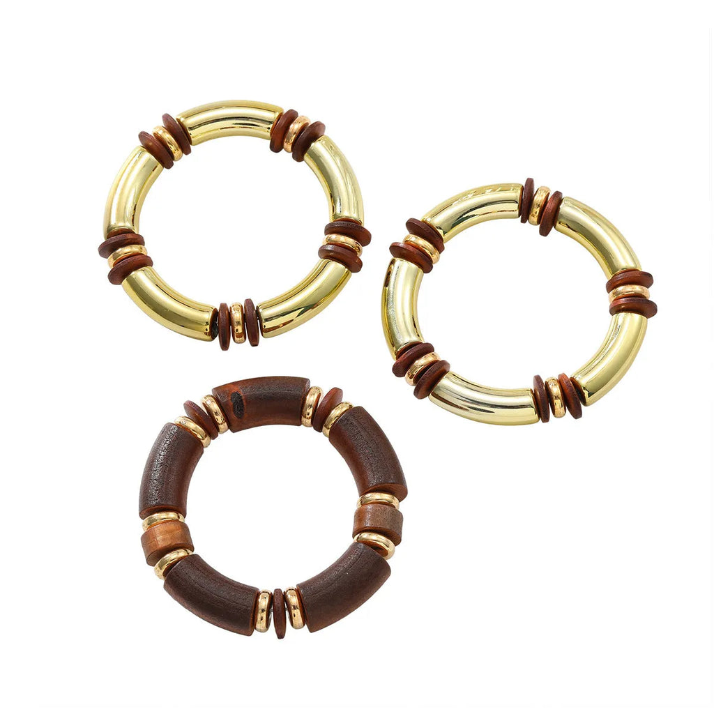 Multi-layer wooden style necklace and bracelet set with exaggerated European American design