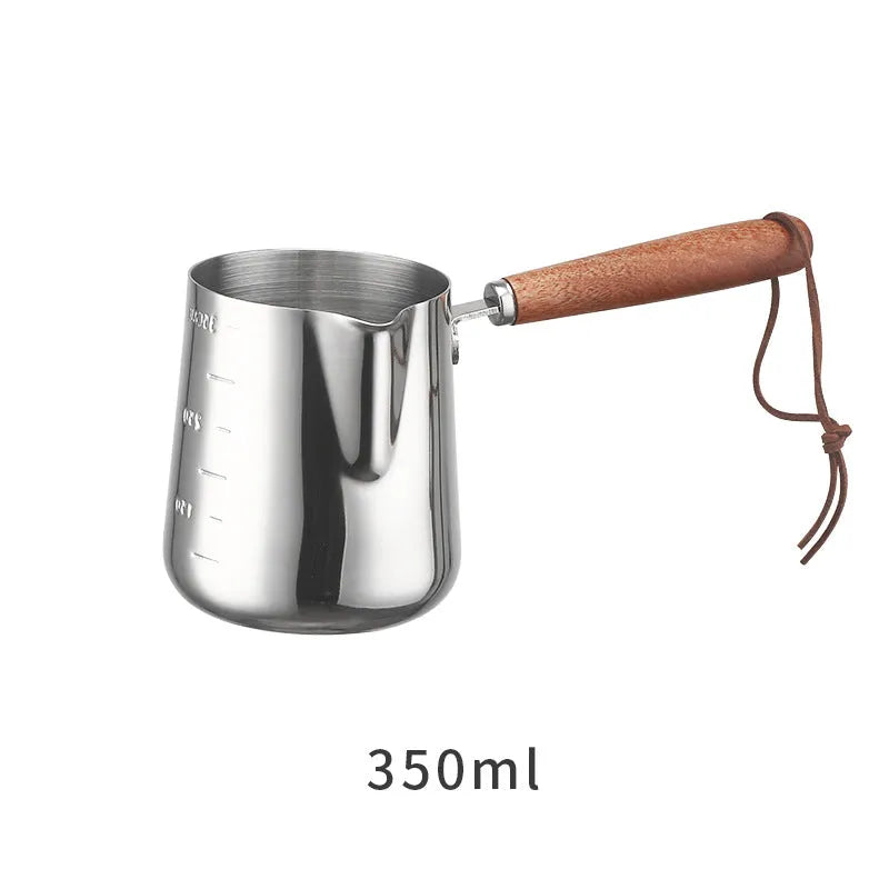 Stainless steel coffee cup with wooden handle, garland design, in modern simple style.