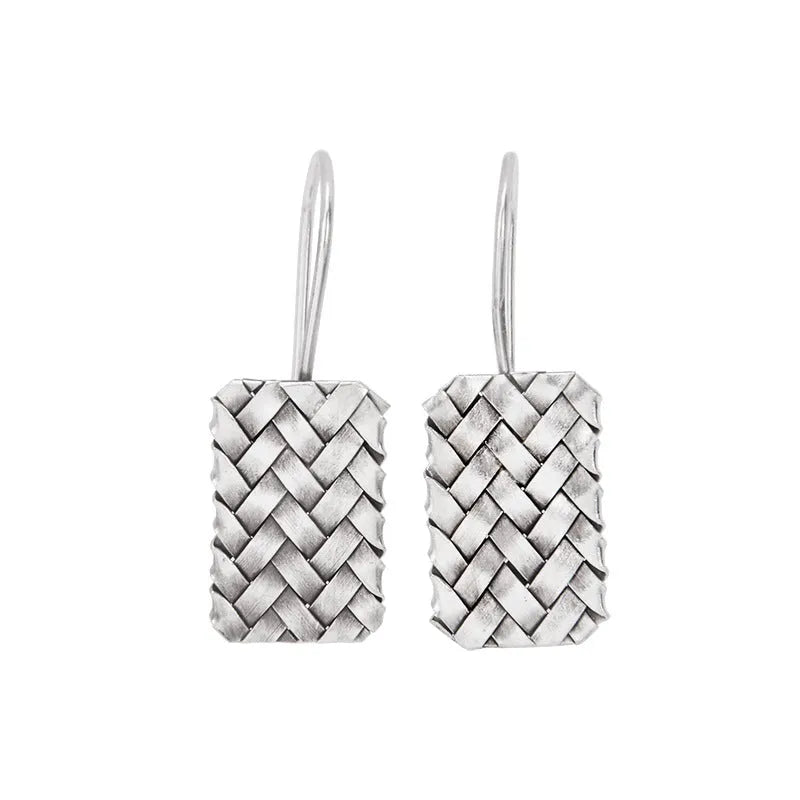 Silver geometric woven diamond plaid earrings for women 17.5mm x 11mm