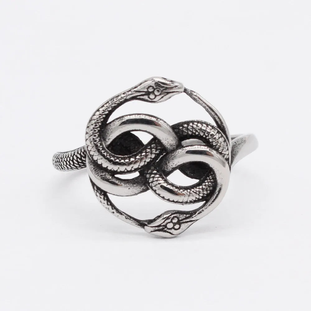 Titanium steel double snake retro ring in steel colour showing detailed snake motif design