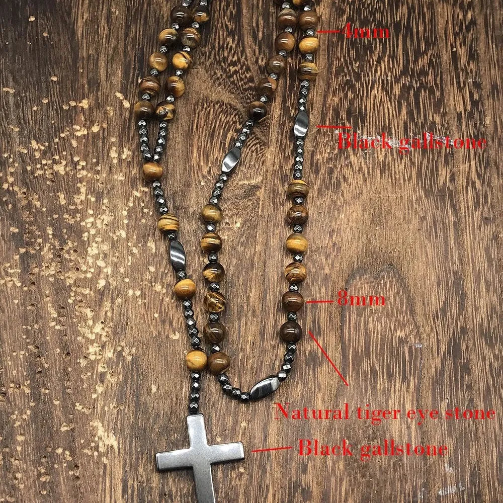 Men's stone cross pendant necklace on an 80cm ball bead chain with safety lock.