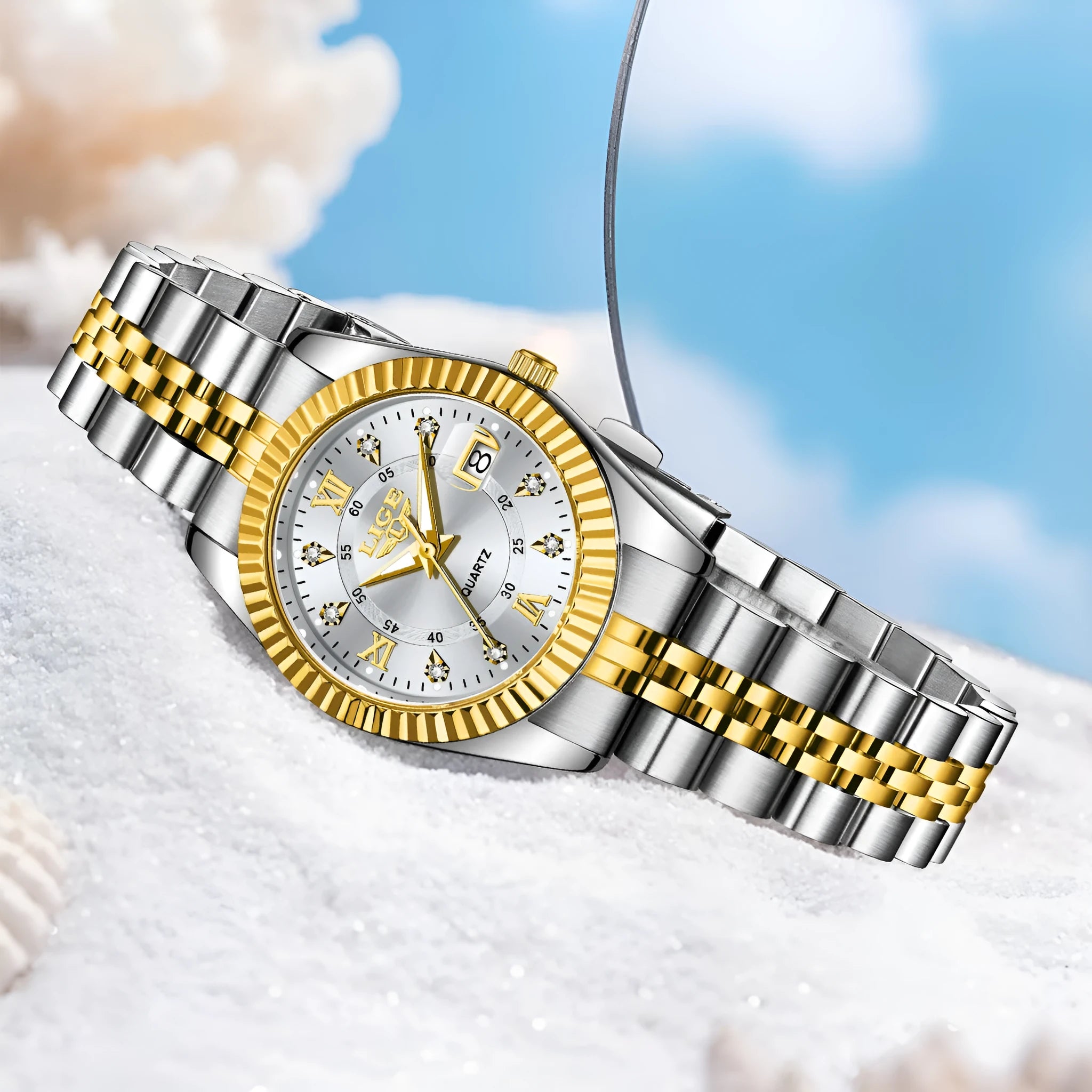 Women's waterproof quartz fashion watch in gold and silver colour options with 10mm thickness