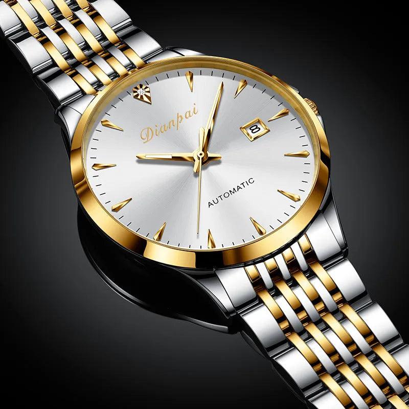 Men's stainless steel automatic watch with simple dial and water resistance