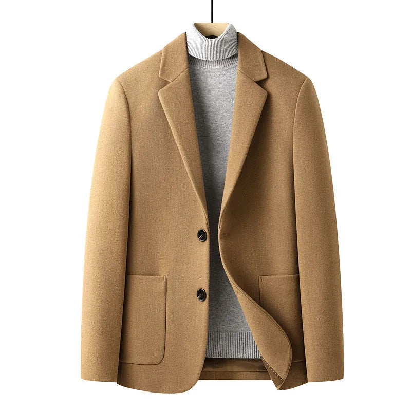 Men's slim fit grey wool suit jacket for autumn and winter wear.