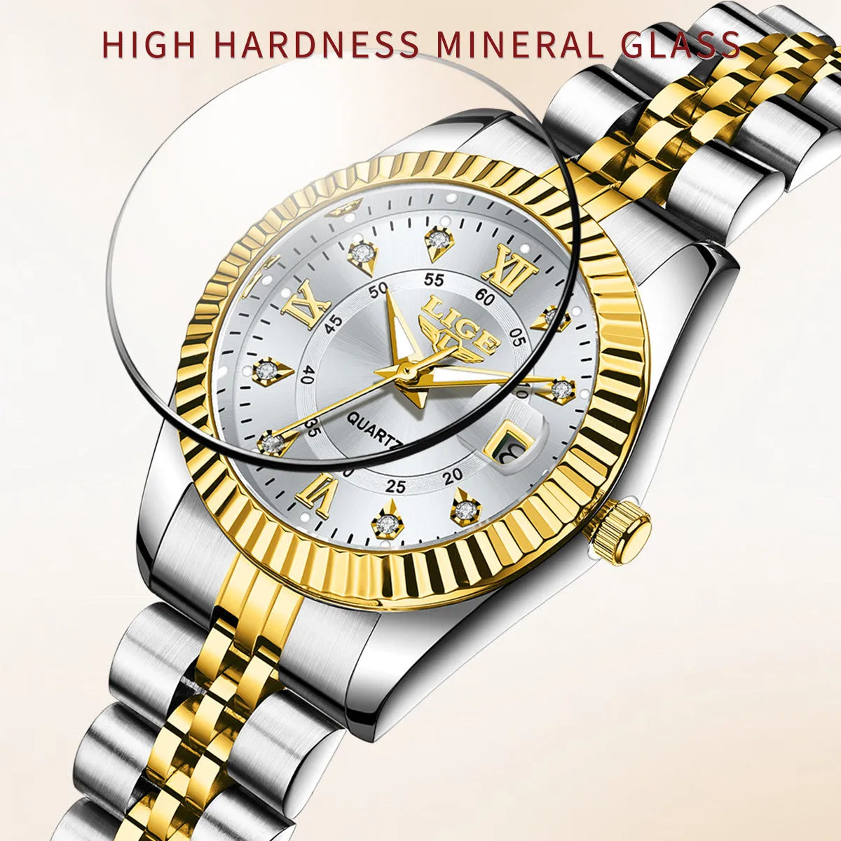 Women's waterproof quartz fashion watch in gold and silver colour options with 10mm thickness