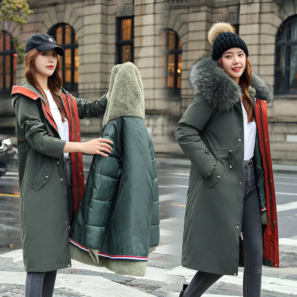 Women's long beige trench coat with down cotton filler and fleece fabric, 100cm length.