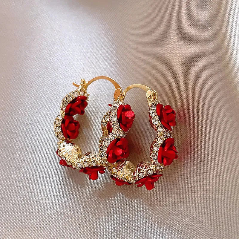 Red alloy rose-shaped clip-on earrings for women F155-A colour simple flower jewellery