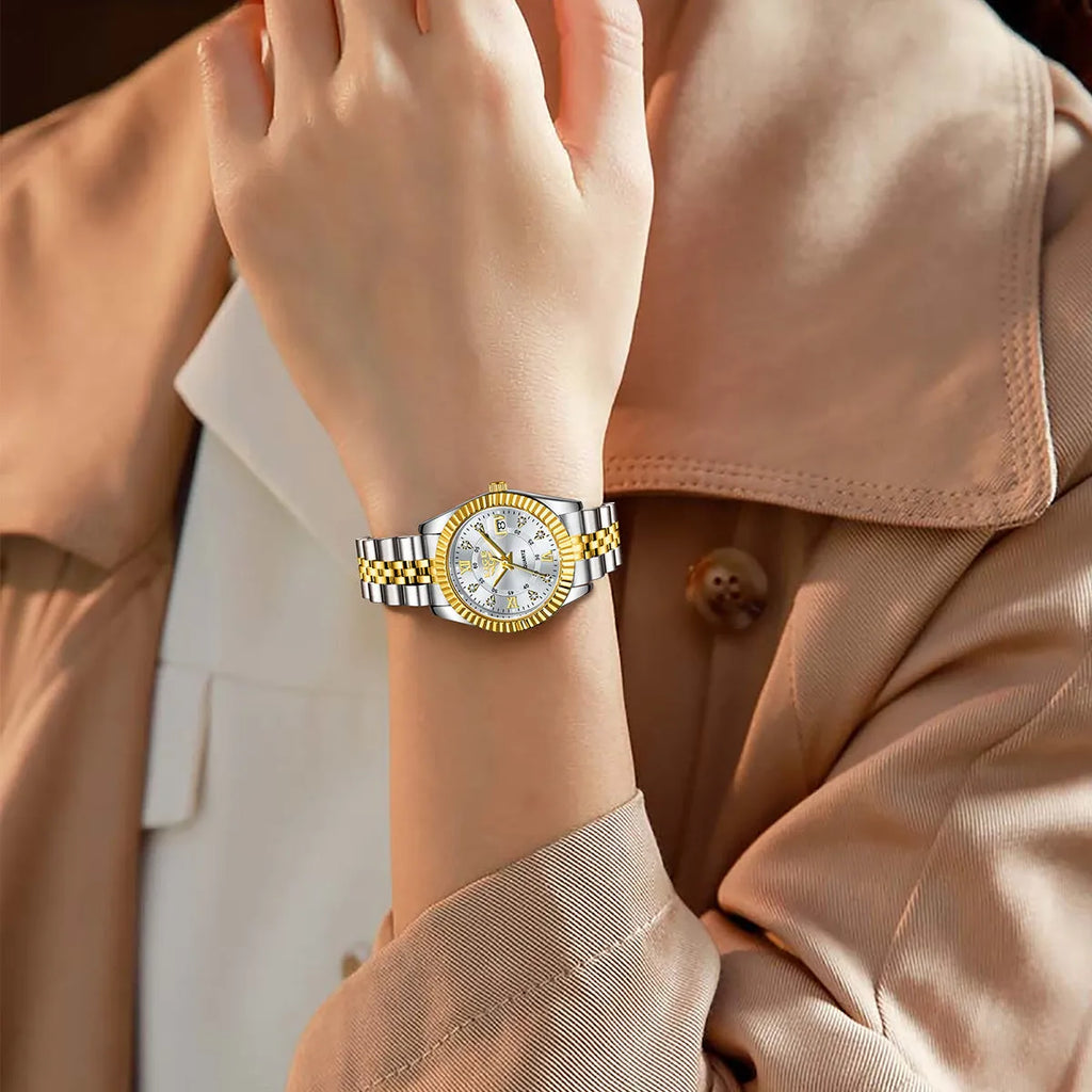 Women's waterproof quartz fashion watch in gold and silver colour options with 10mm thickness