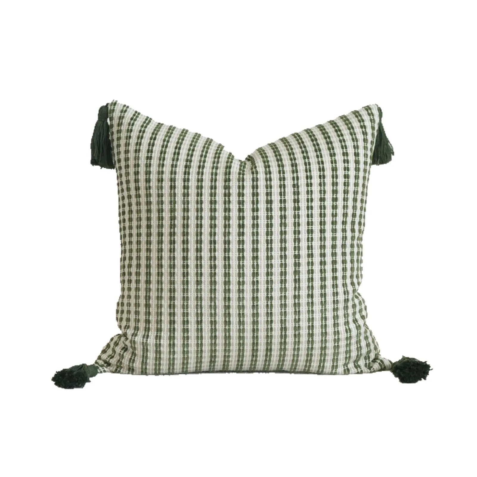 Green cotton and linen hotel sample pillow with botanical pattern and tassel trim, shown with separate pillow core.