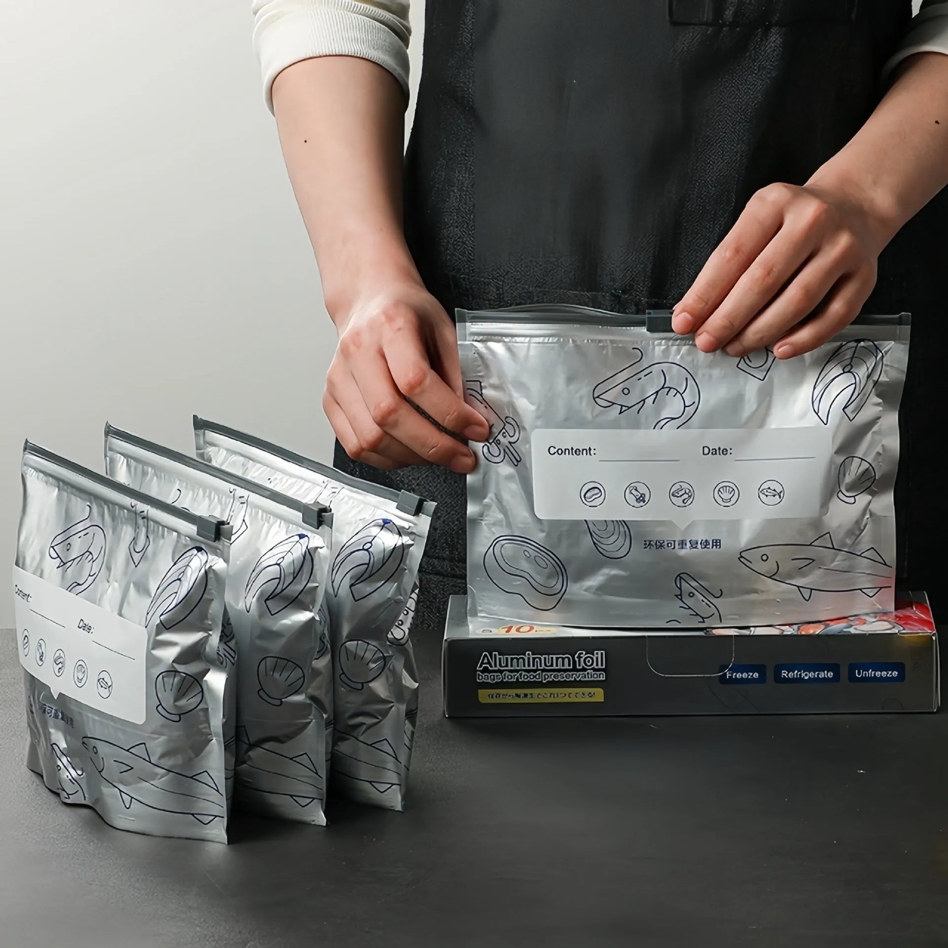 Aluminium foil sealed storage bags showing three sizes and bag versus box style options