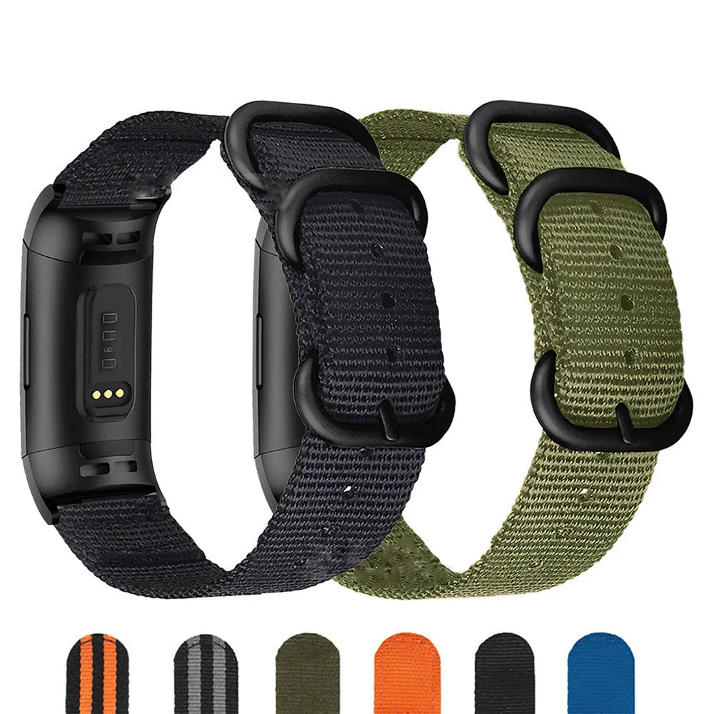Nylon three-ring buckle replacement strap for Fitbit Charge smartwatches in multiple colour options