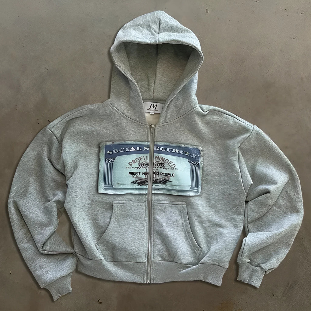Loose fit zip hoodie jacket for men and women in black colour with letter pattern and front zipper