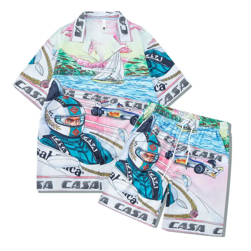 Plaid printed beach outfit set for men and women, featuring a short sleeve shirt and matching trousers.