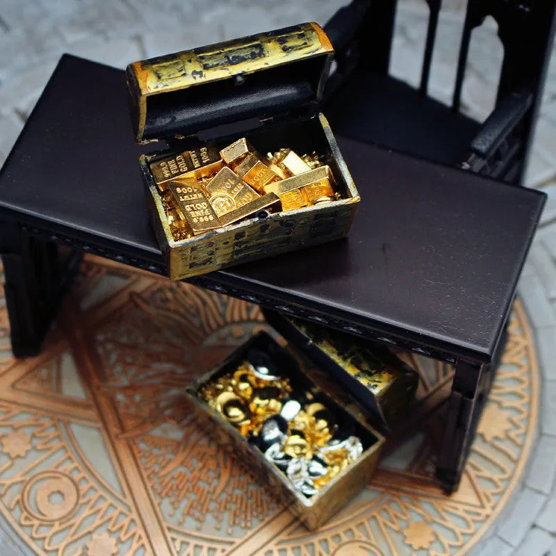 Miniature alloy treasure chest ornament with gold coins and bars for doll house accessories
