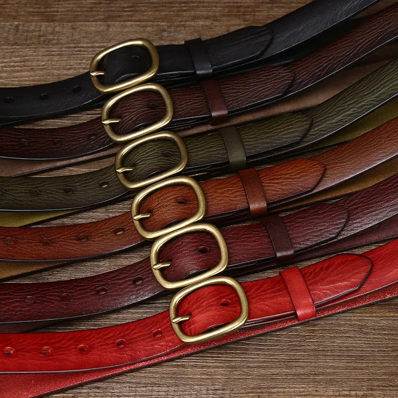 Handmade genuine leather belt with antique copper buckle, 2.8cm wide, 4mm thick, 120cm length, in black colour on wooden surface