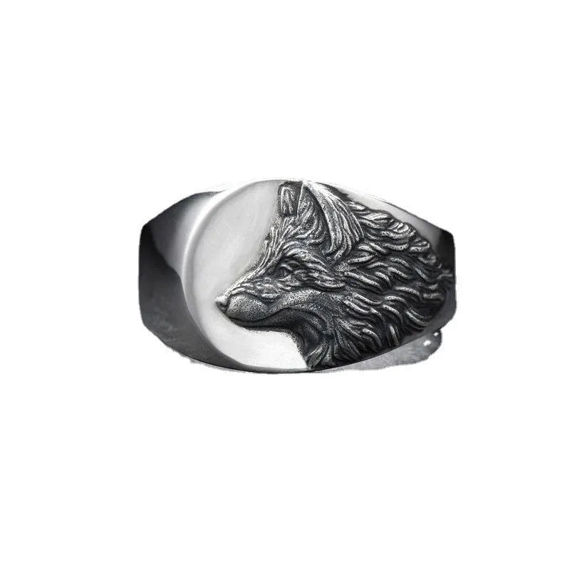 Men's geometric wolf head ring in silver alloy with angular detailing and European retro style