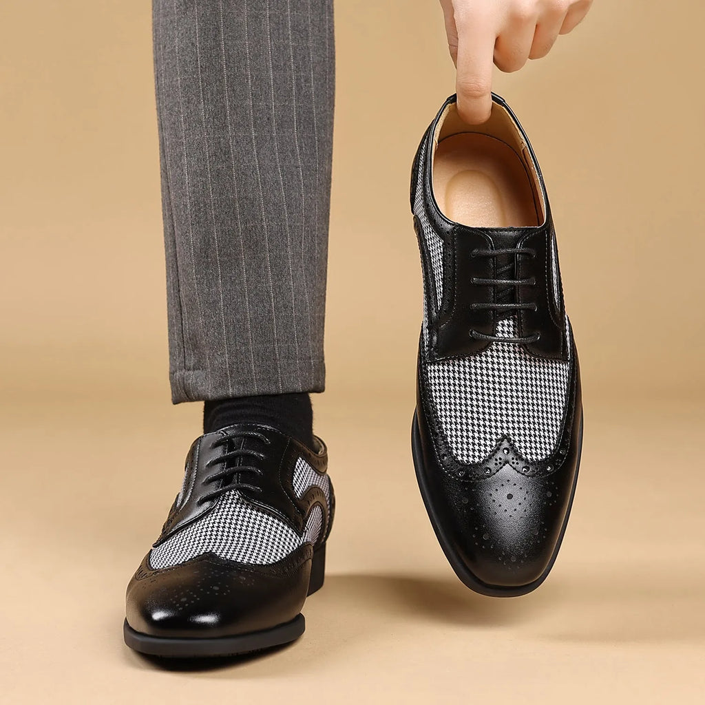 Men's black houndstooth patterned canvas lace-up casual shoes with a rubber sole.