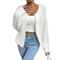 Women's white V-neck cardigan with bead knit details, medium thickness polyester fabric