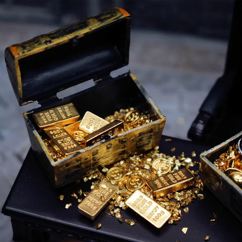 Miniature alloy treasure chest ornament with gold coins and bars for doll house accessories