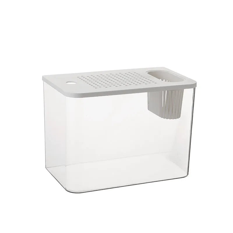 Plastic betta fish tank with cover measuring 32cm long in black and white colour options