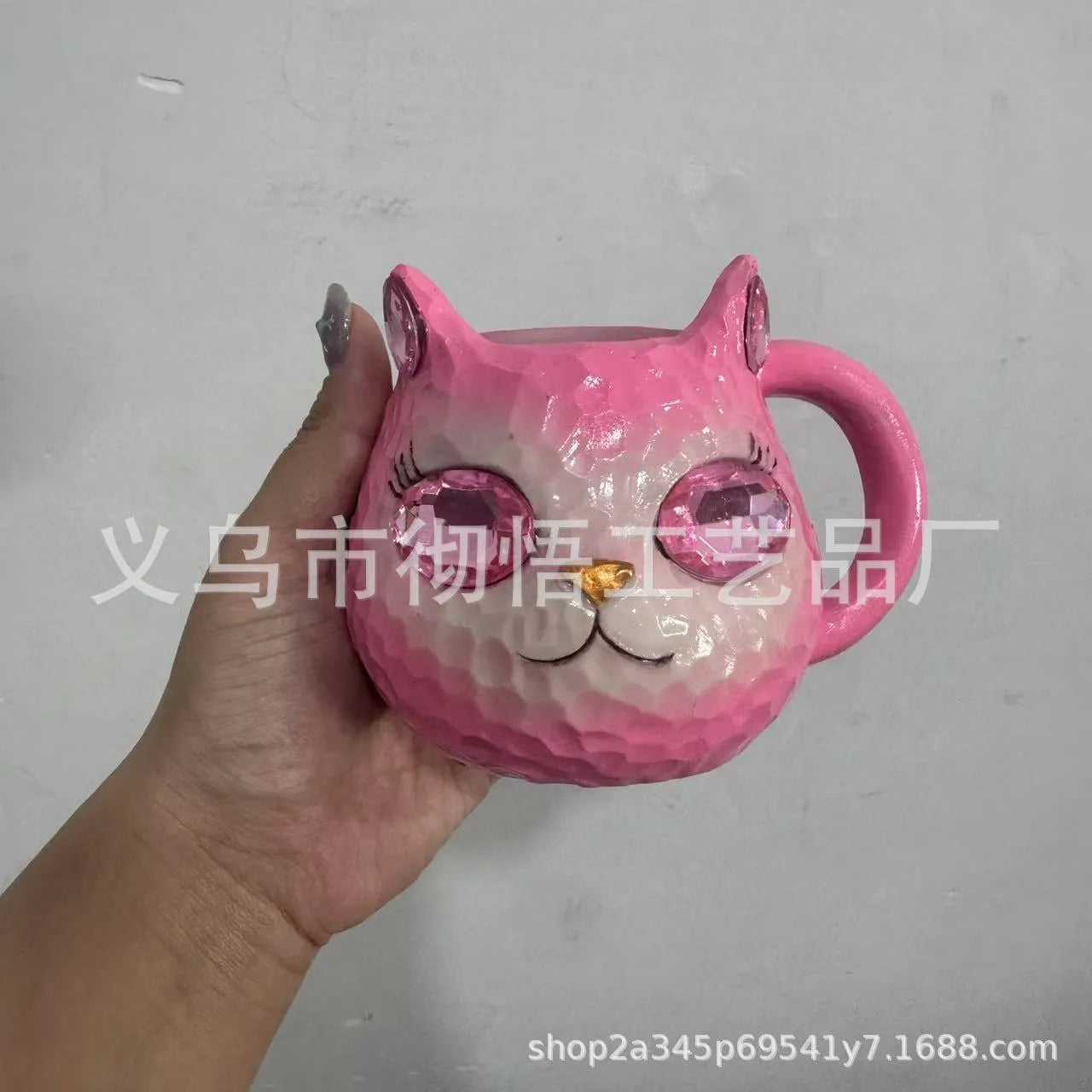 Handmade resin cat craft cup with hand-painted detailing in blue, green, pink, or purple.
