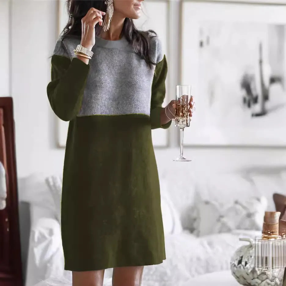 Brown women's sweater dress with patchwork collar detail and long sleeves