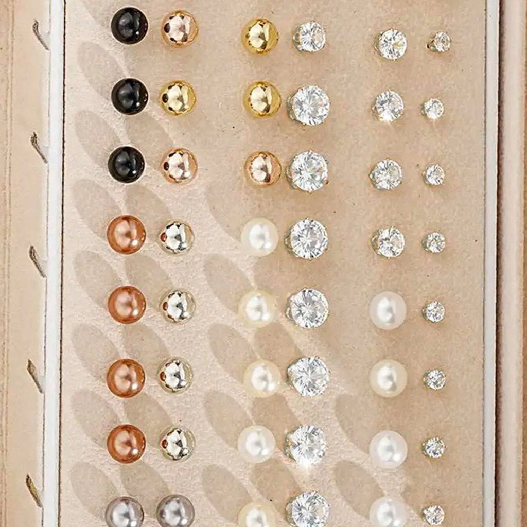 108-piece set of gold and yellow geometric round alloy pearl earrings for women on a plain background.