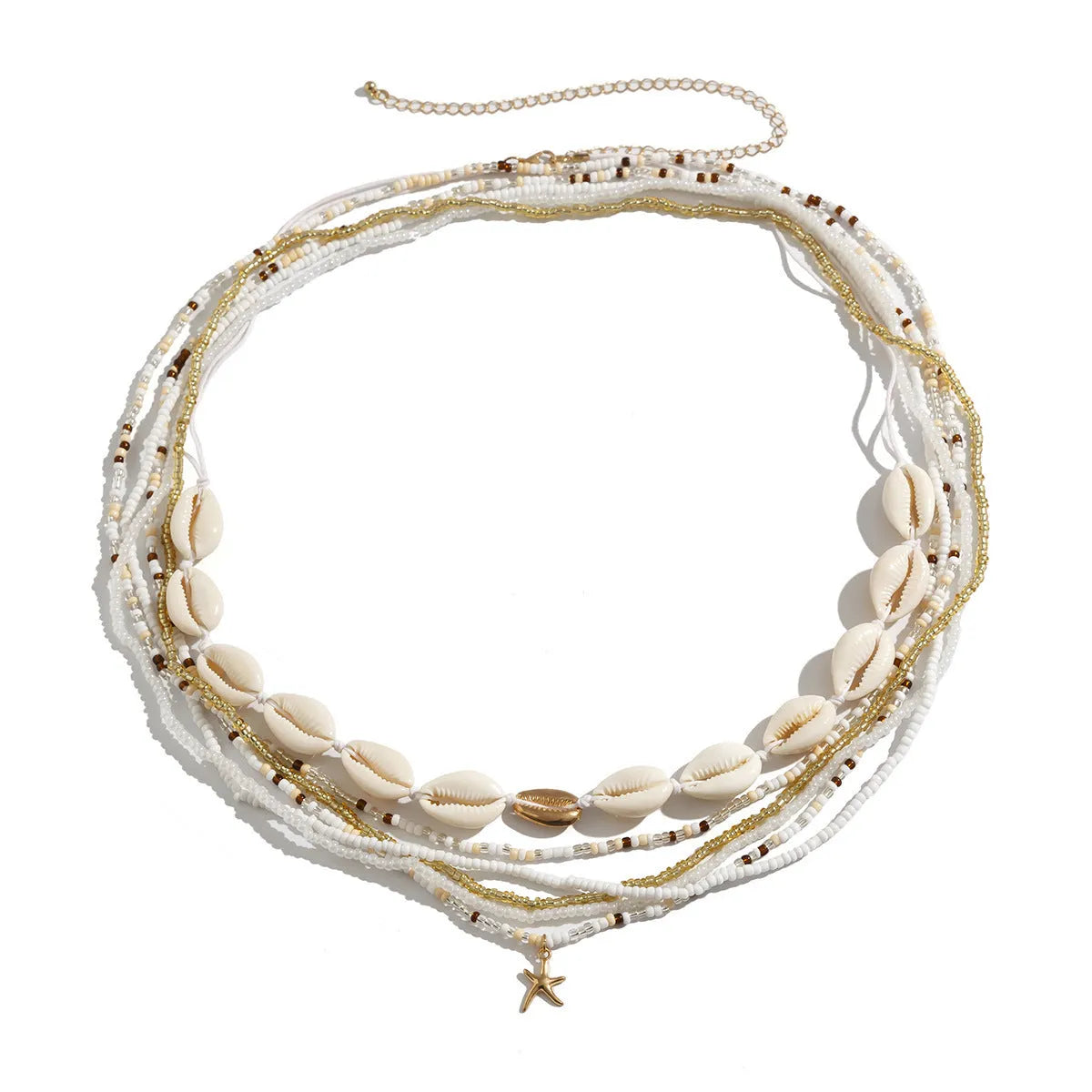 Bohemian style alloy waist chain with shell beads in gold brown, 125cm length, multi-circle design