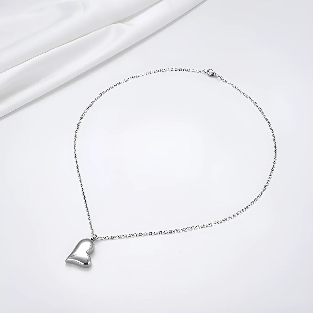 Silver curved peach heart stainless steel pendant necklace with adjustable chain