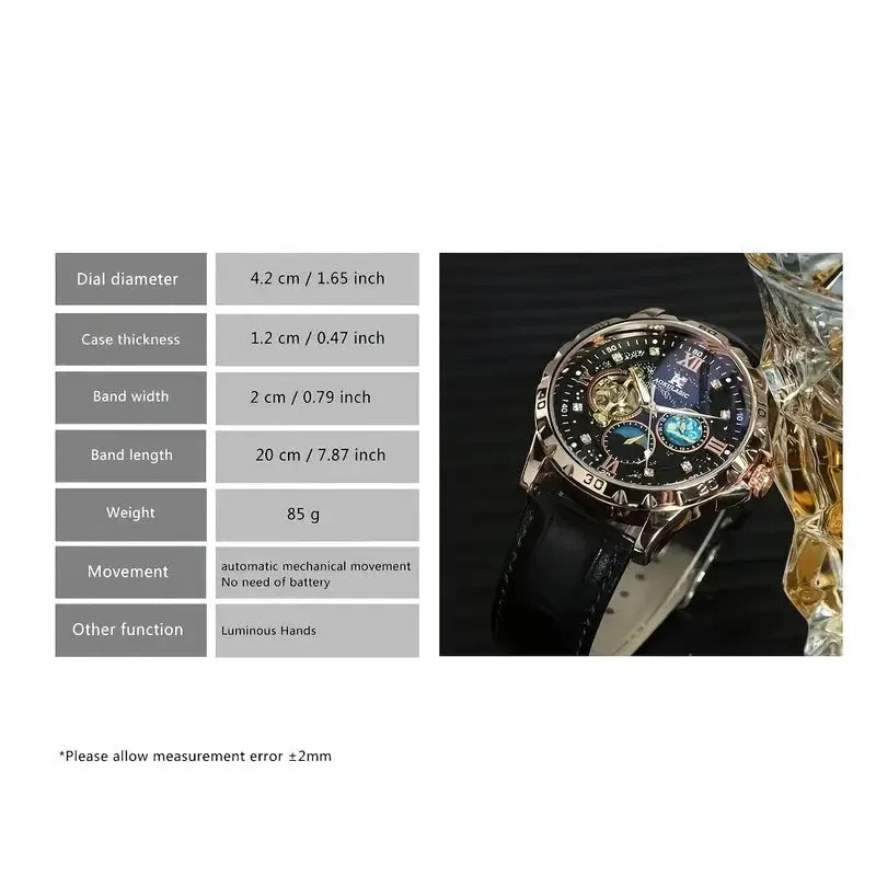 Men's black and rose gold automatic mechanical watch with hollow dial and transparent caseback