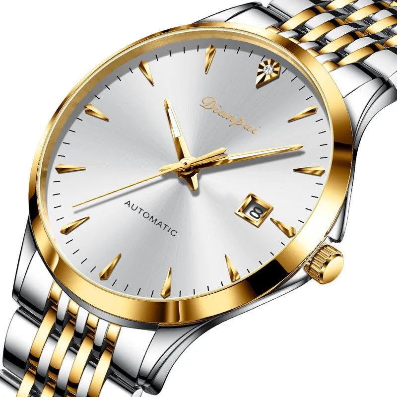 Men's stainless steel automatic watch with simple dial and water resistance